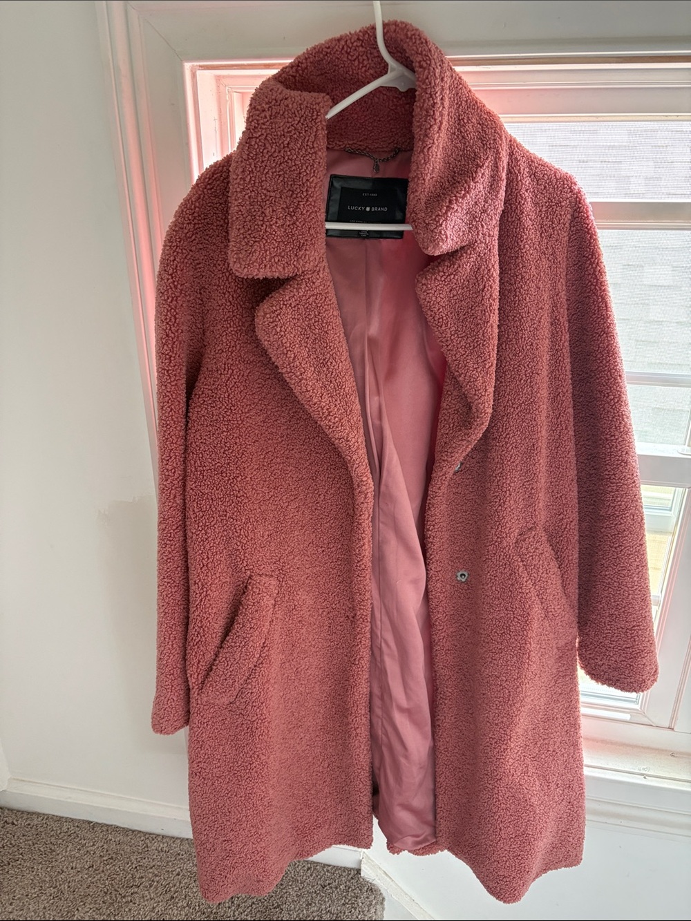 Lucky Brand Rose-Pink Teddy Coat with Lapel Collar